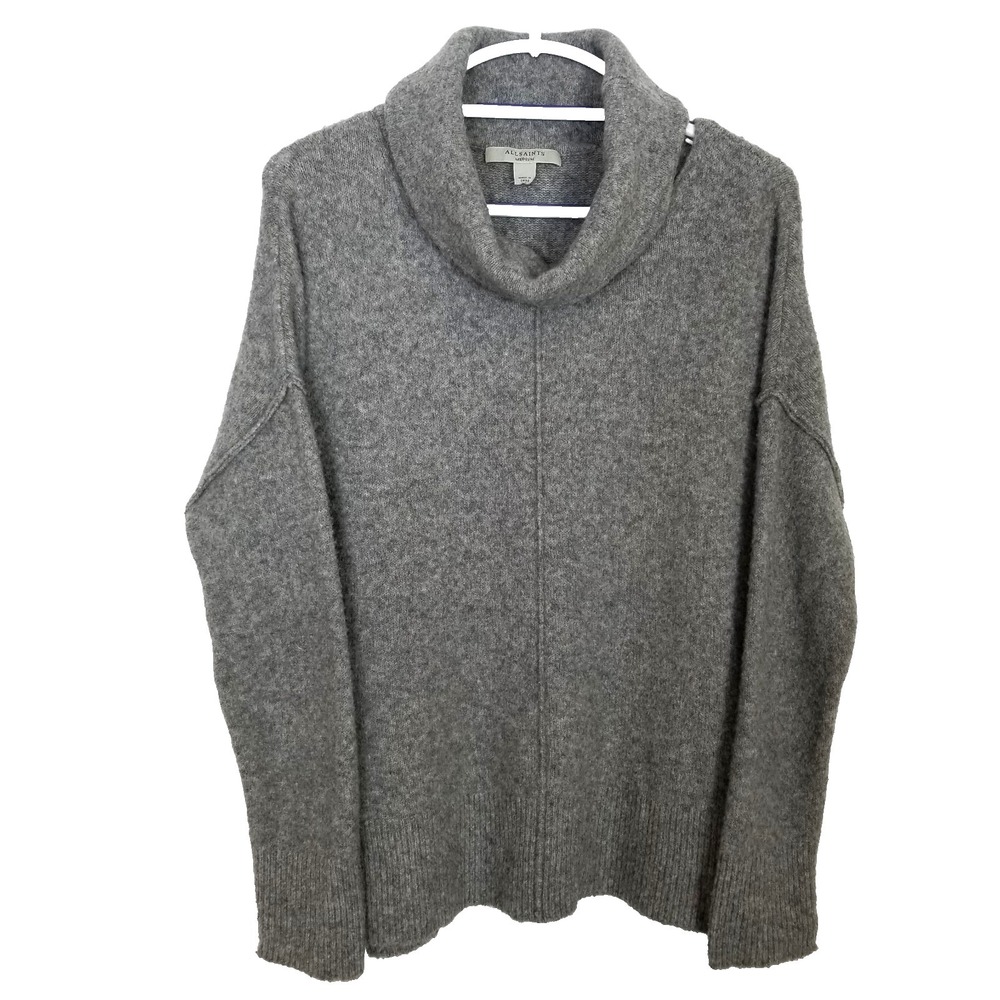 All saints Women Cut Out Shoulder Turtleneck Sweater Sz M Gray Wool Blend
